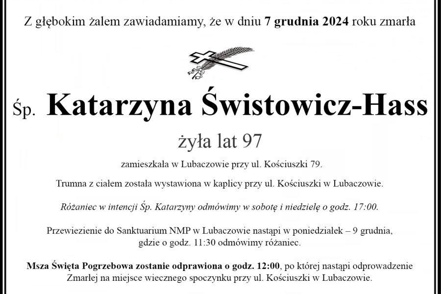 Zmarła Katarzyna Świstowicz-Hass [97 lat]